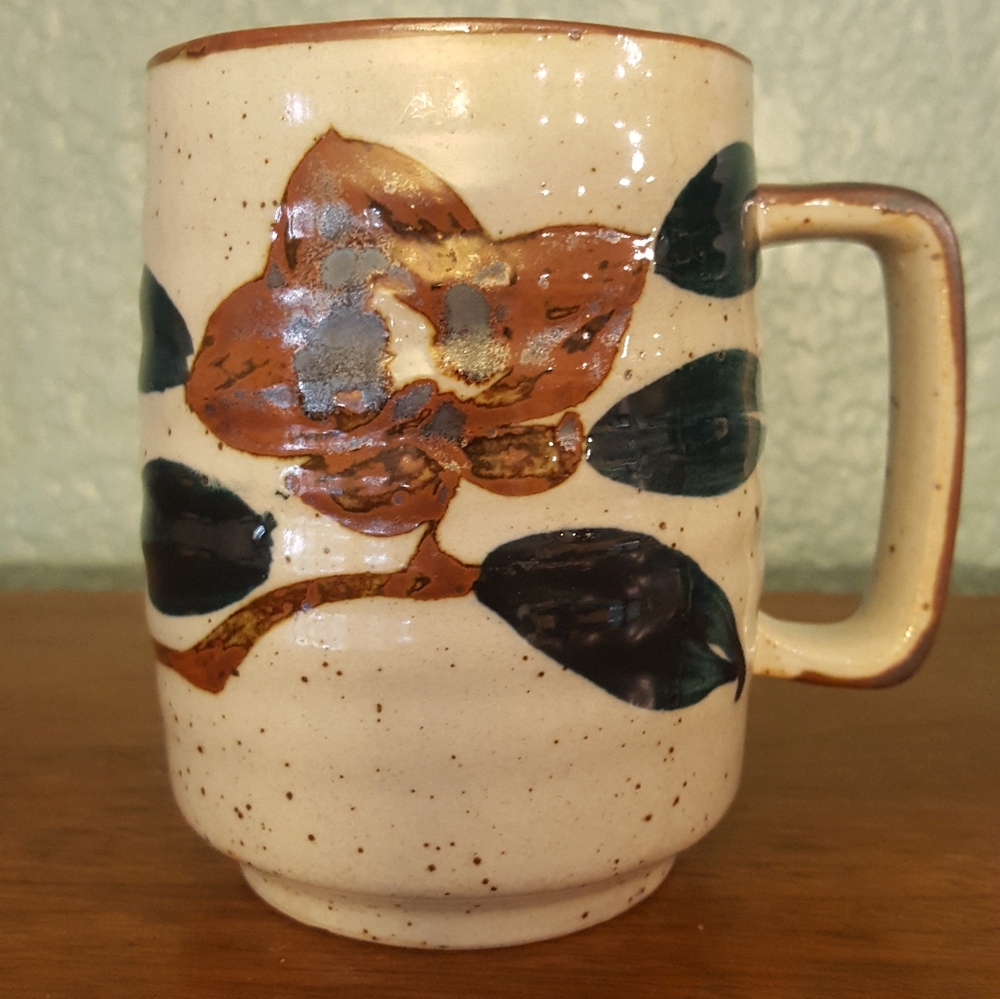 Vintage Japanese floral speckled stoneware mug MCM